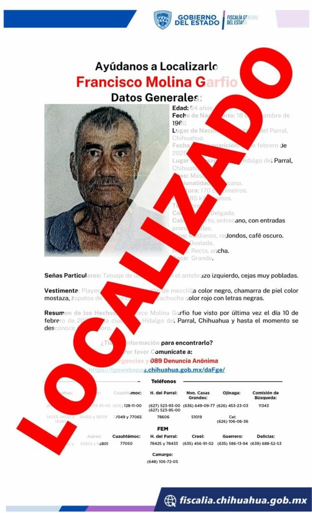 Localiza FGE a masculino con reporte de ausencia en Parral