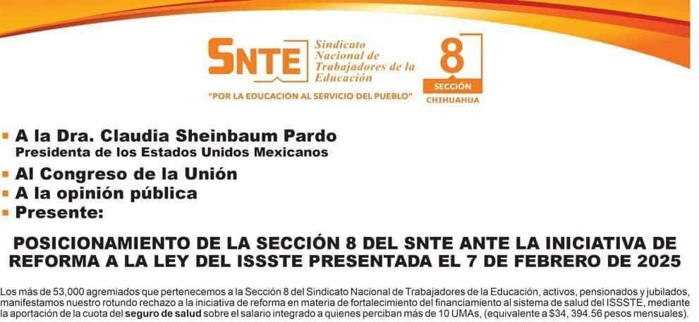 Sección 8 del SNTE rechaza reforma al ISSSTE