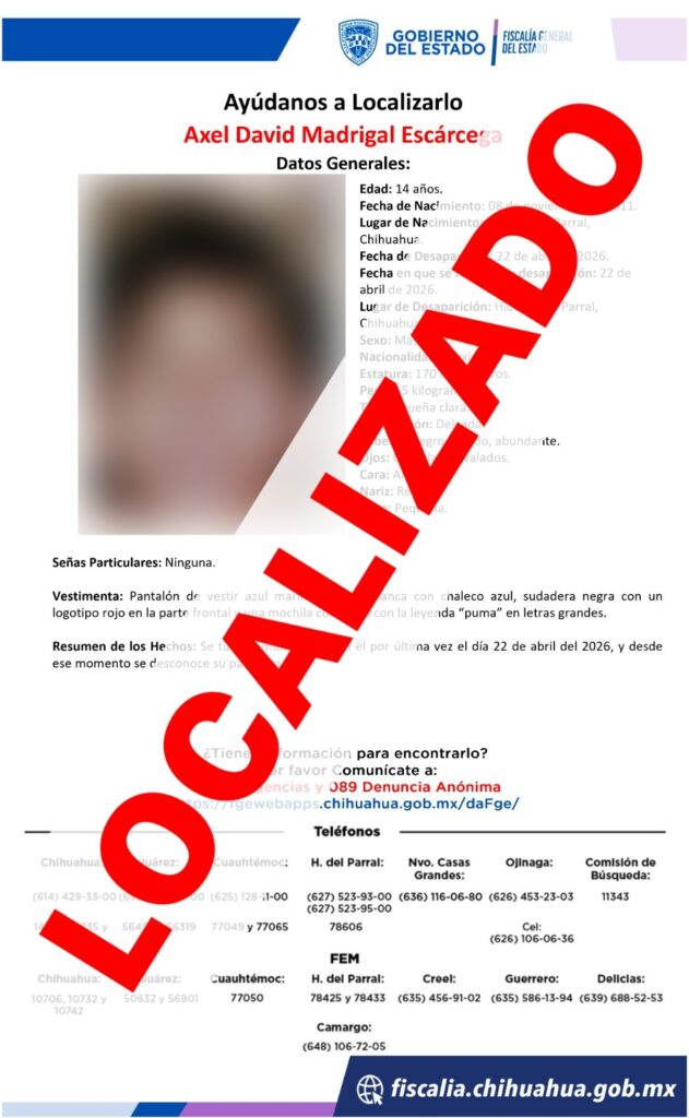 Localiza Fiscalía Zona Sur a menor de edad ausente en Parral