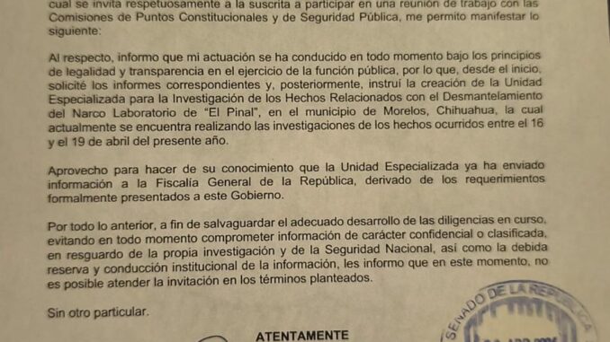 Maru Campos declina participar en reunión de trabajo en el Senado para no comprometer investigaciones en curso