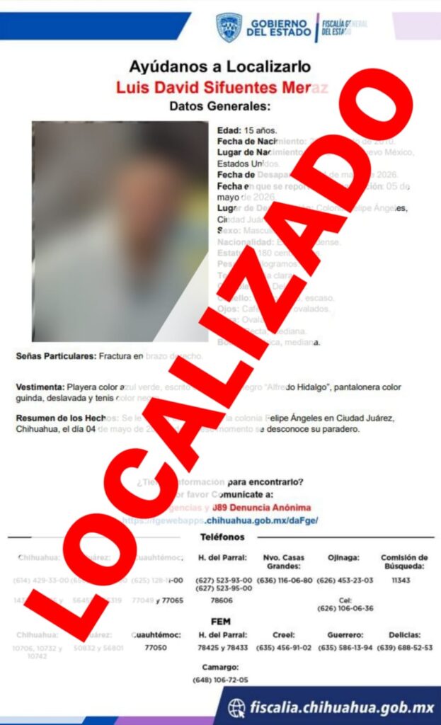 Localizan sano y salvo a un adolescente reportado ausente en Ciudad Juárez