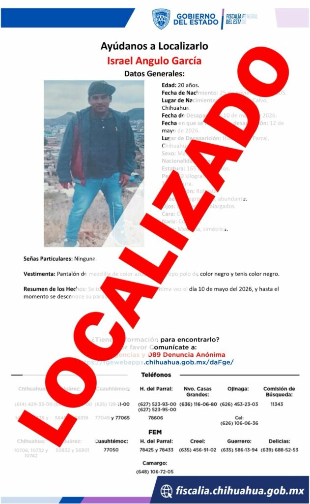 Localiza Fiscalía Zona Sur a masculino reportado como ausente en Parral
