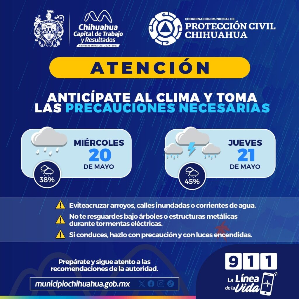 Emite Gobierno Municipal aviso preventivo por pronóstico de lluvias para este miércoles y jueves en la capital