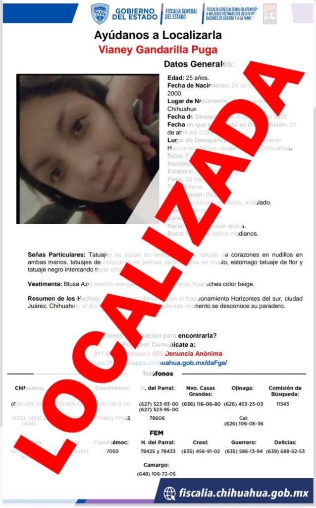 Localiza FEM en Chihuahua a mujer con reporte de ausencia en Juárez