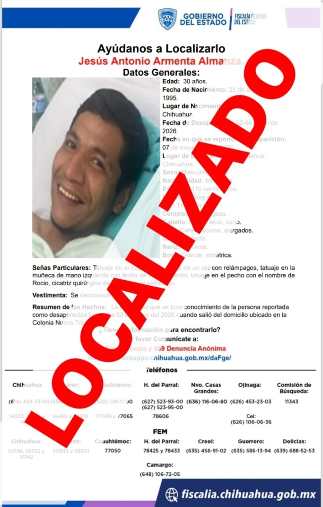 Localiza Fiscalía de Distrito a masculino con reporte de ausencia en Chihuahua