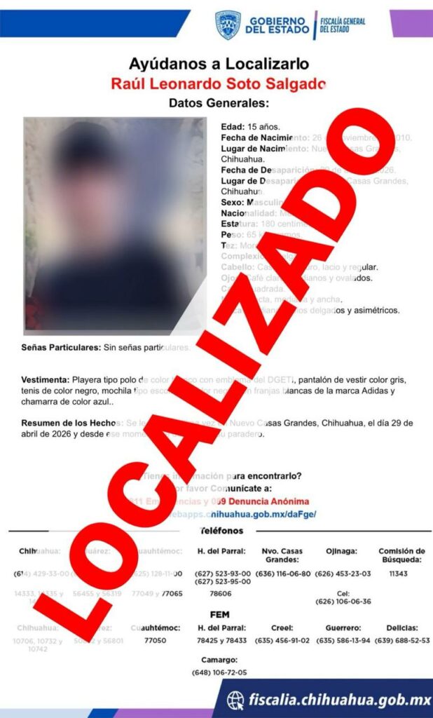 Localizan sano y salvo a un adolescente reportado como ausente