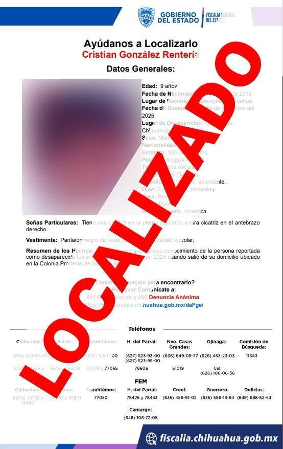 Localiza Fiscalía de Distrito a dos niños y un adulto con reporte de ausencia en Chihuahua