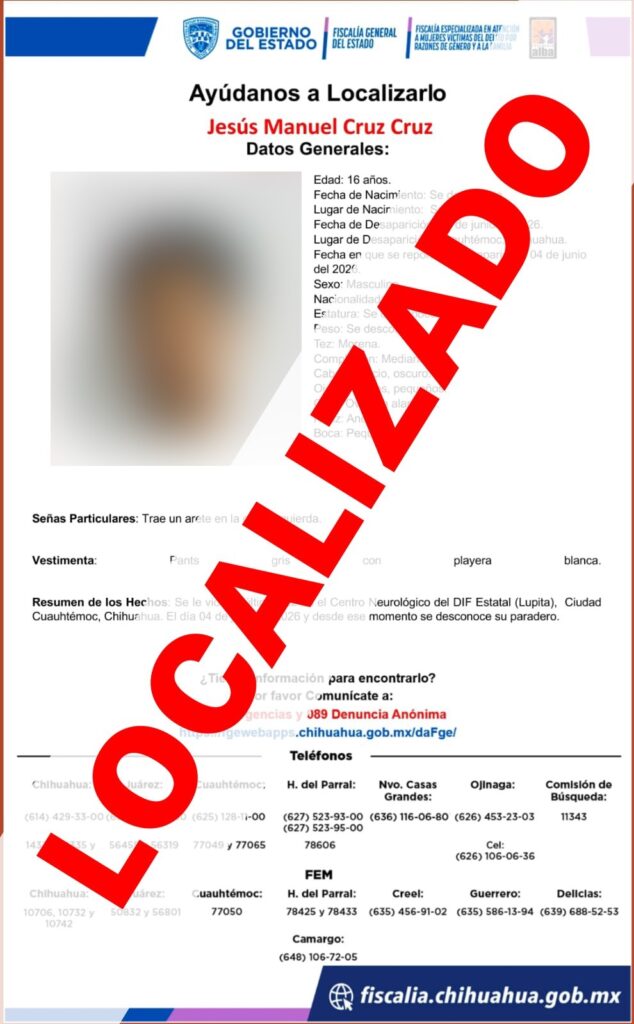 Localiza FEM a dos de los cuatro adolescentes reportados ausentes en Cuauhtémoc