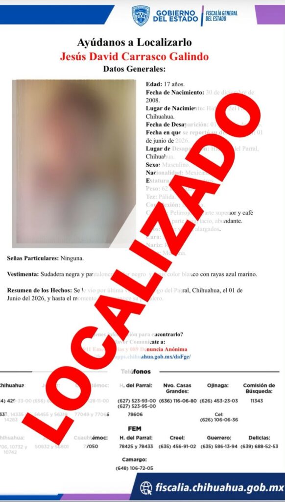 Localiza FDZS a adolescente con reporte de ausencia en Parral