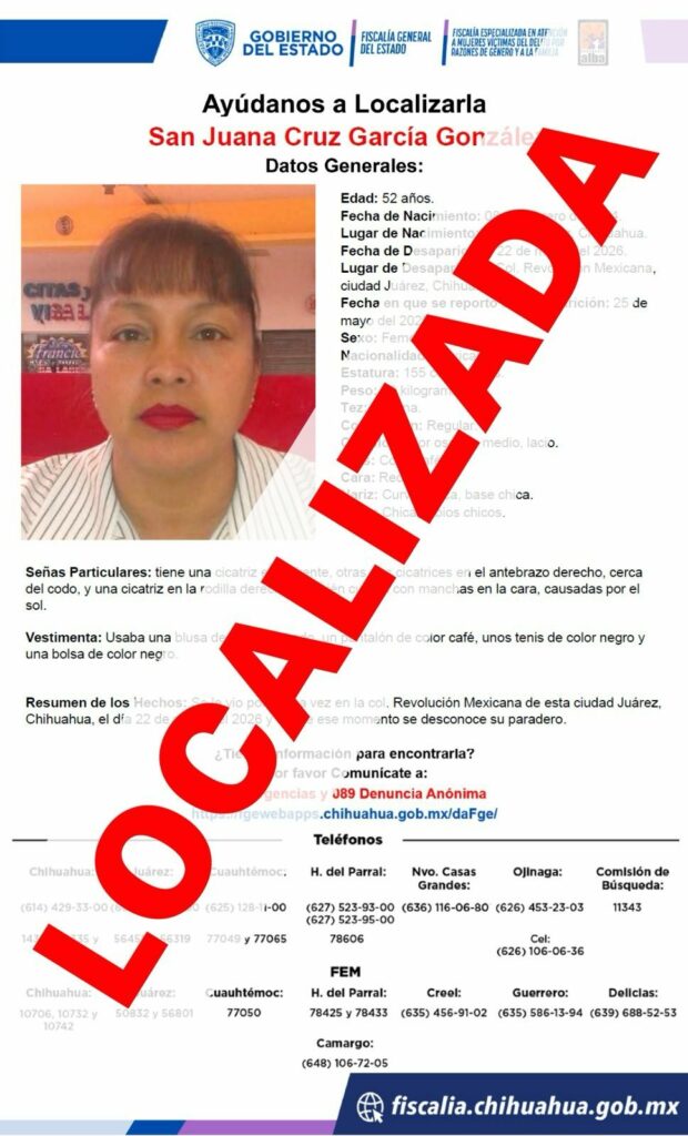 Localizan sana y salva a mujer reportada como ausente en Juárez