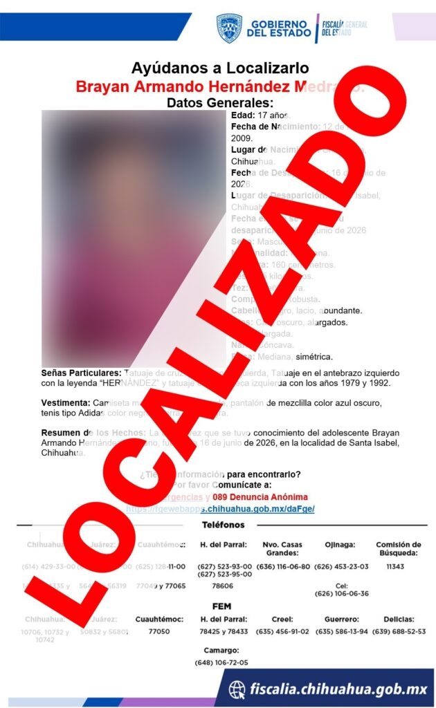 Localiza Fiscalía de Distrito a adolescente con reporte de ausencia en Santa Isabel