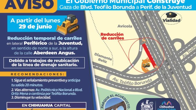 Mañana inicia reducción de carriles en tramo de lateral del periférico de la Juventud: Municipio