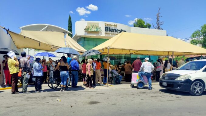 Adultos mayores enfrentan largas filas para cobrar sus pensiones; Álex Domínguez exige atención digna y más sucursales