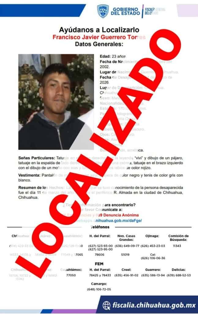Localiza Fiscalía de Distrito Zona Centro a joven con reporte de ausencia