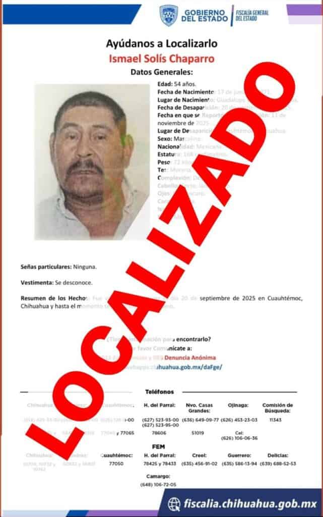 Localiza Fiscalía Zona Sur a masculino reportado como desaparecido en Parral – Fiscalía General del Estado de Chihuahua
