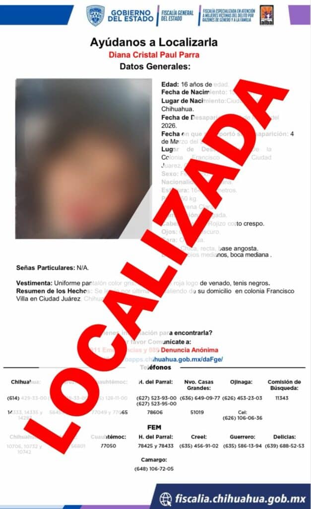 Localizan en Chihuahua a adolescente reportada como ausente en Juárez – Fiscalía General del Estado de Chihuahua