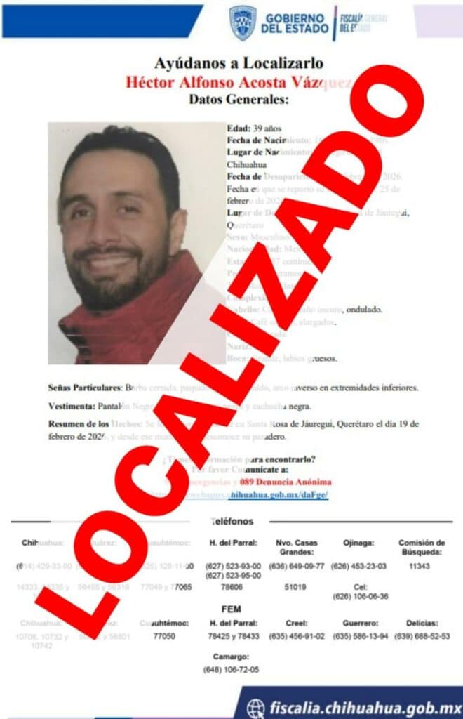 Localiza FGE Zona Sur a parralense desaparecido en Querétaro