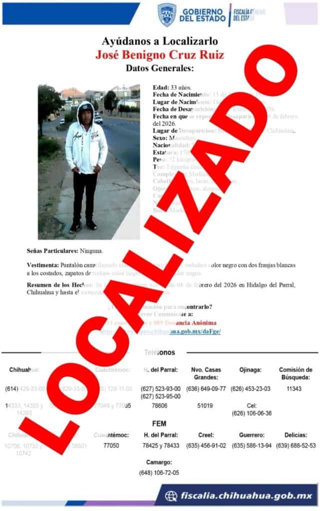 Localiza FGE en Allende a hombre con reporte de ausencia en Parral