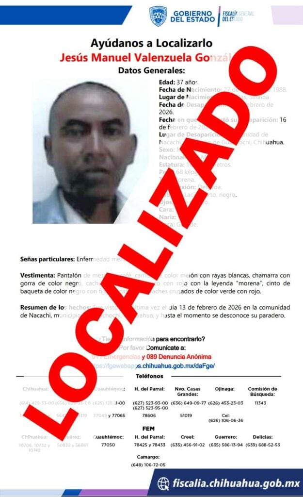 Localiza FGE a masculino con reporte de ausencia en Guachochi