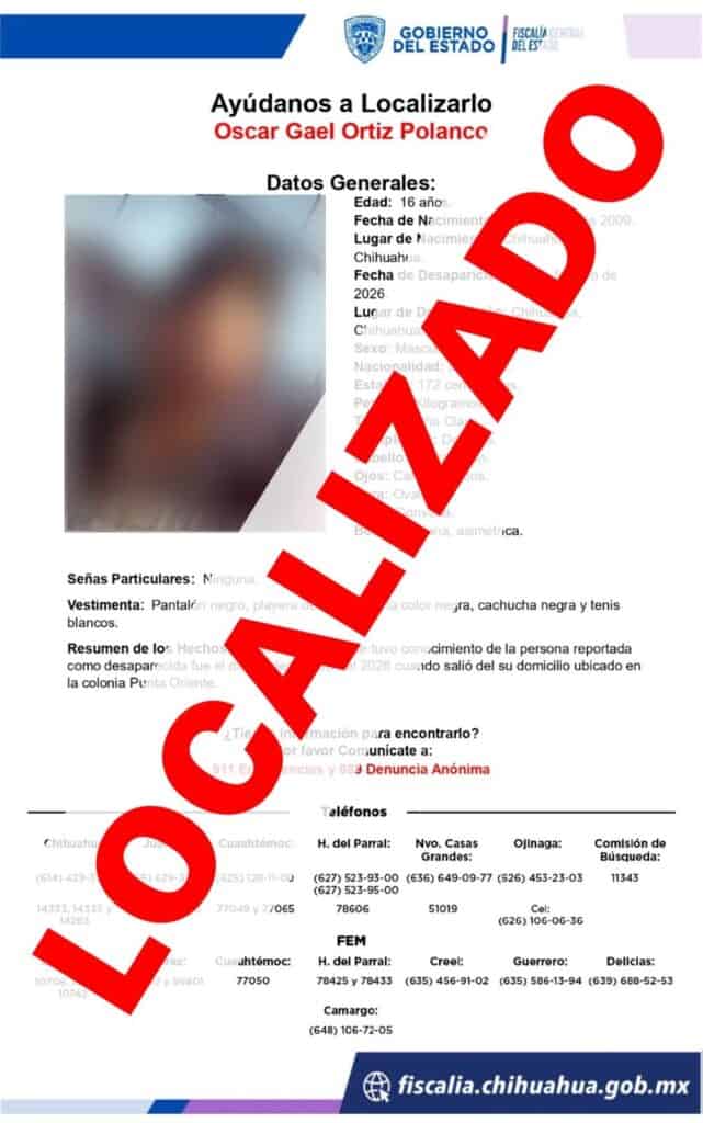 Localizan a menor de edad que contaba con reporte de ausencia