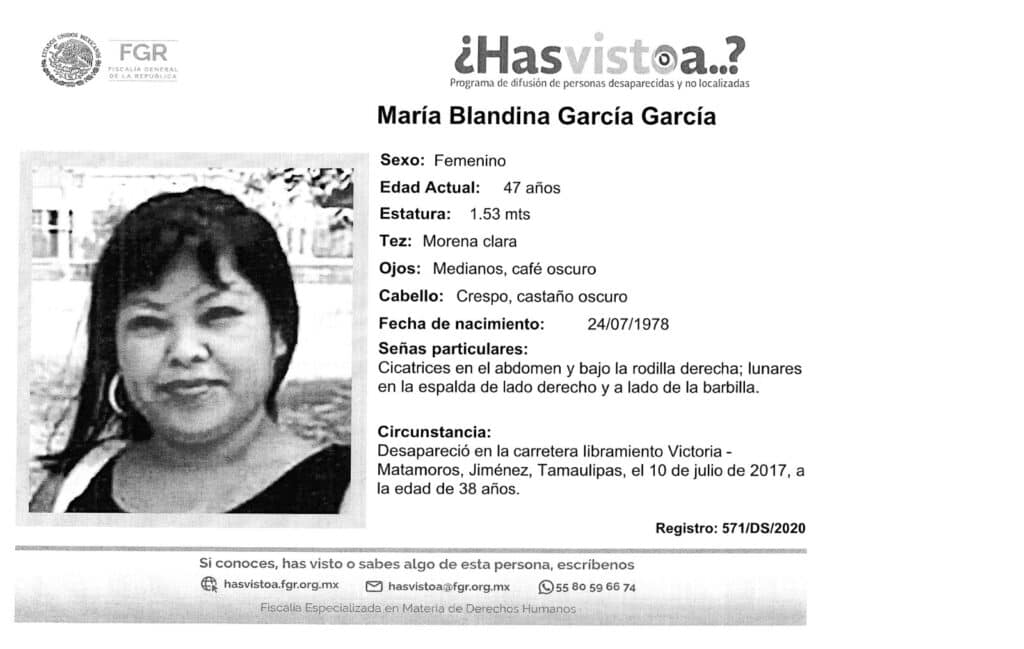 Solicita FEM colaboración para localizar a mujer extraviada en Tamaulipas en 2017