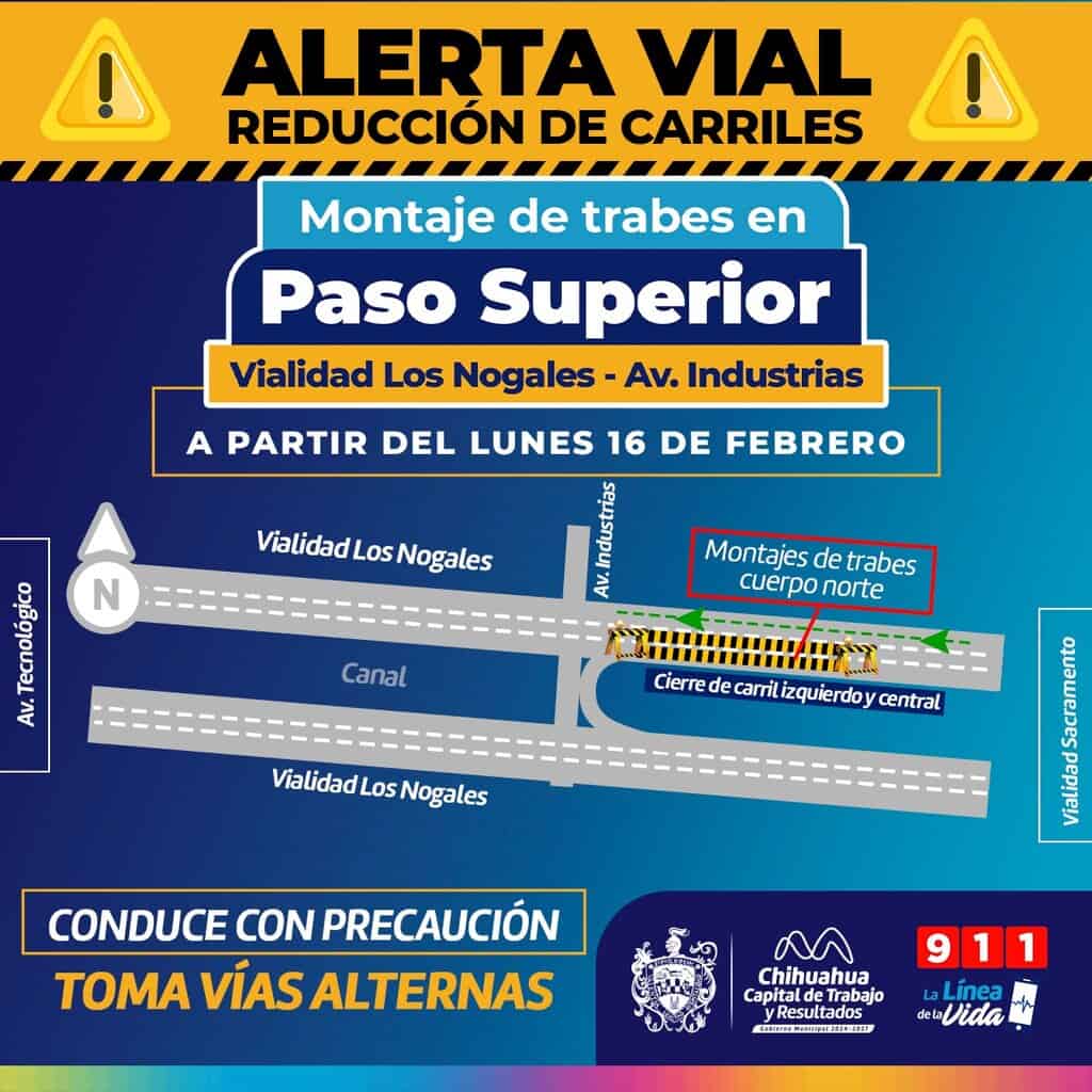 A partir de este lunes reducción de carriles en vialidad Los Nogales por montaje de trabes en el Paso Superior