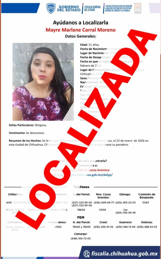 Reporta FEM localización de Mayre Marlene C. M., en buen estado de salud