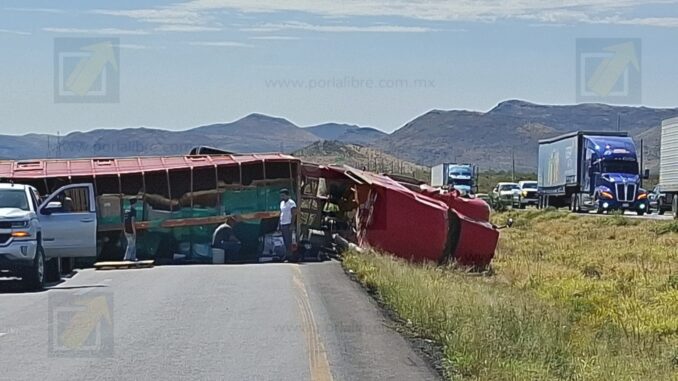 Vuelca tráiler cargado con piso cerámico y bloquea carretera Delicias-Chihuahua