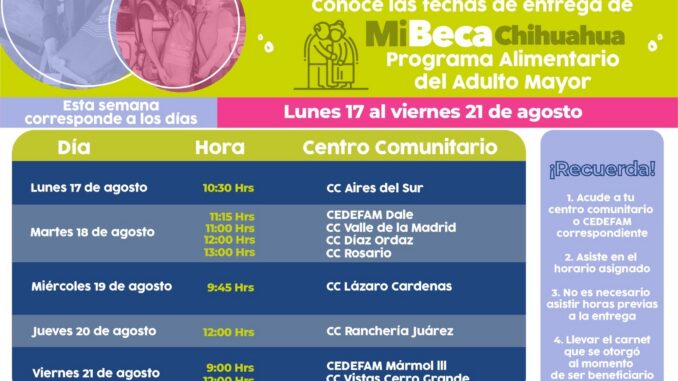 Entregará DIF Municipal el PAAM en estos puntos durante el periodo del 17 al 21 de agosto