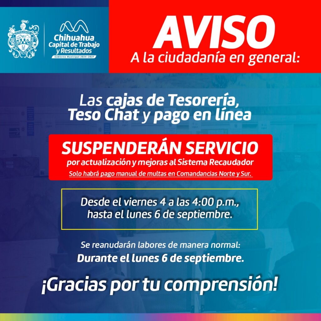 ¡Atención! Suspenderán cajas de Tesorería del Municipio por mejoras al sistema
