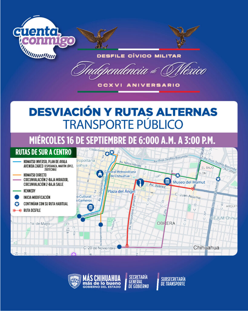 Anuncia Subsecretaría de Transporte modificaciones en rutas con motivo del desfile del 16 de septiembre