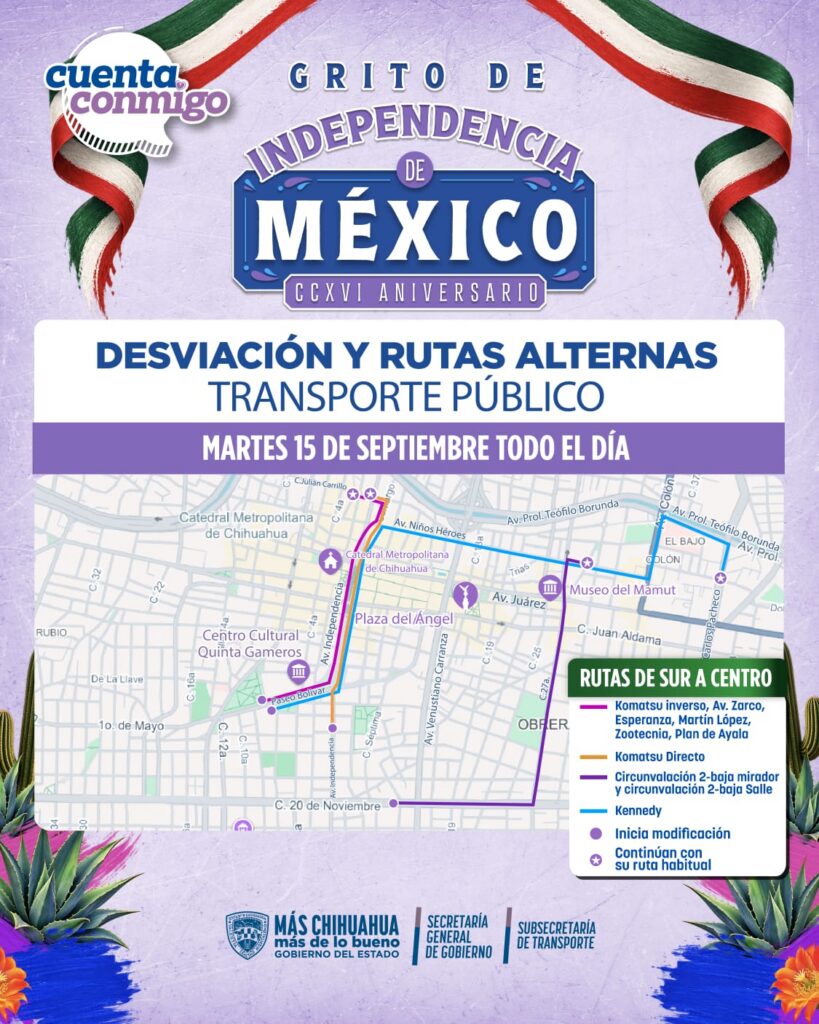 Anuncia Estado cambios en rutas del sistema de trasporte urbano con motivo del Grito de Independencia