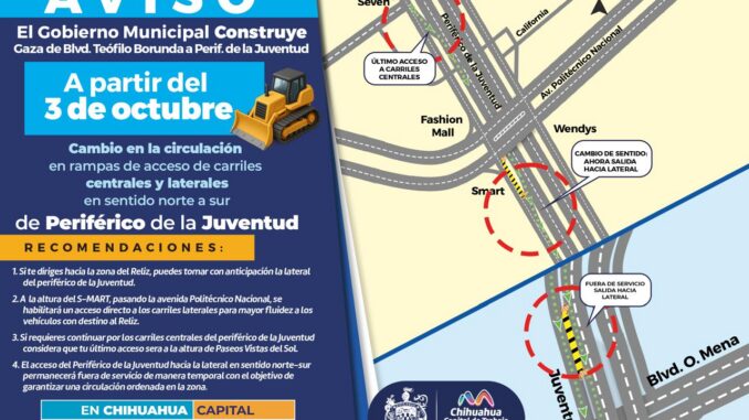 ¡Precaución! Habrá modificación vial en carriles laterales y centrales del periférico de la Juventud en sentido norte-sur