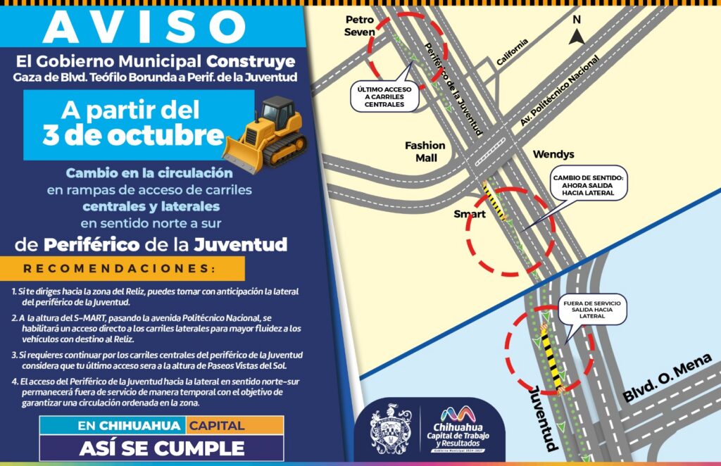 ¡RECUERDA! Inició la modificación vial en carriles laterales y centrales del periférico de la Juventud en sentido norte-sur