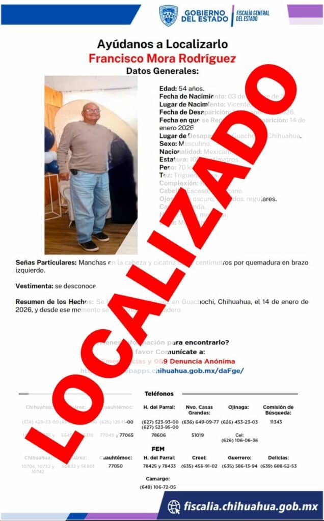 Localiza FGE Zona Sur a hombre con reporte de ausencia en Guachochi