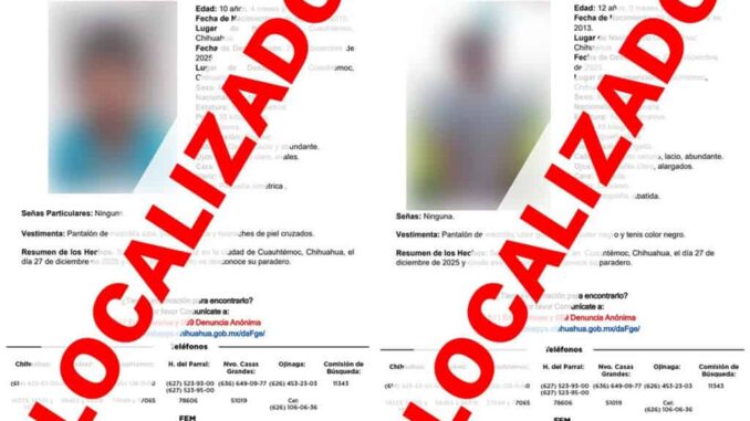 Localizan a salvo a dos menores reportados desaparecidos