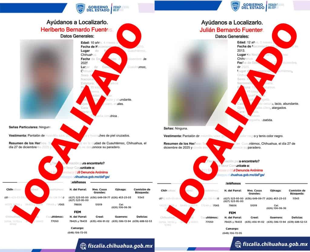 Localizan a salvo a dos menores reportados desaparecidos