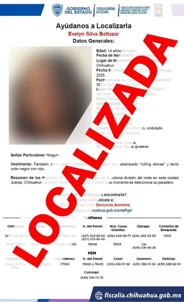 Localiza FEM sana y salva a adolescente con reporte de ausencia en Ciudad Juárez