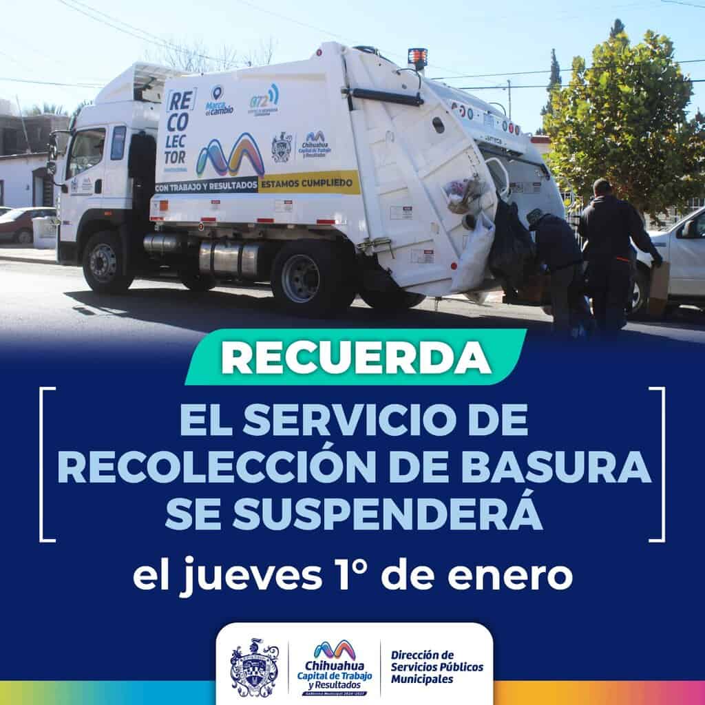 ¡Recuerda! El servicio de recolección de basura se suspenderá el jueves 1 de enero