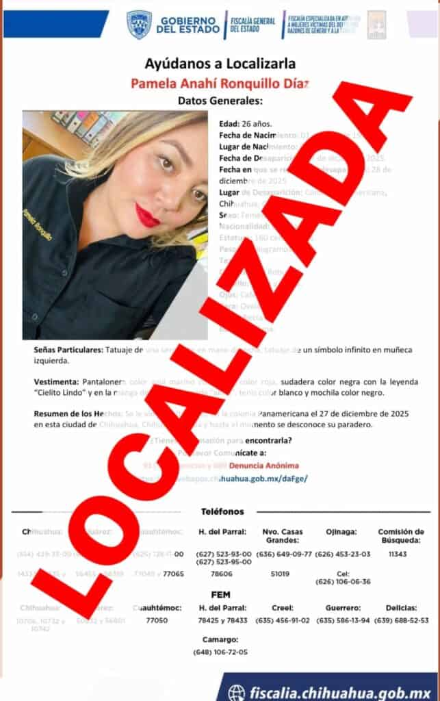 Localiza FEM sana y salva a mujer ausente en Chihuahua