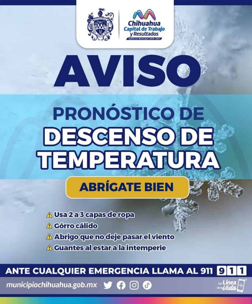 Emite Gobierno Municipal alerta preventiva por descenso de temperaturas en Chihuahua Capital