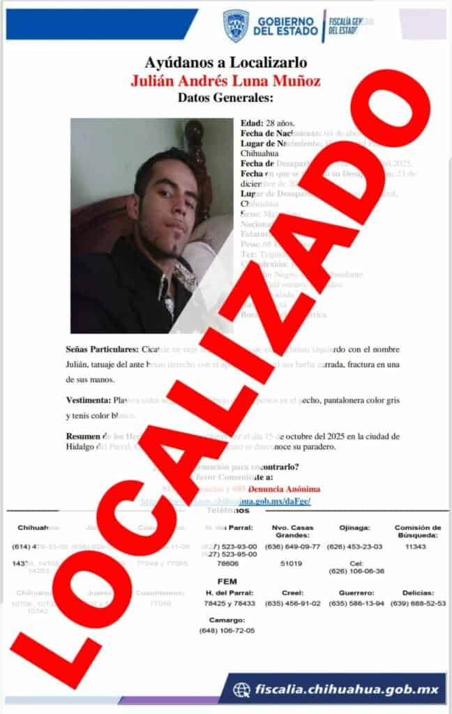 Localizan a masculino que tenía reporte de ausencia en la ciudad de Parral