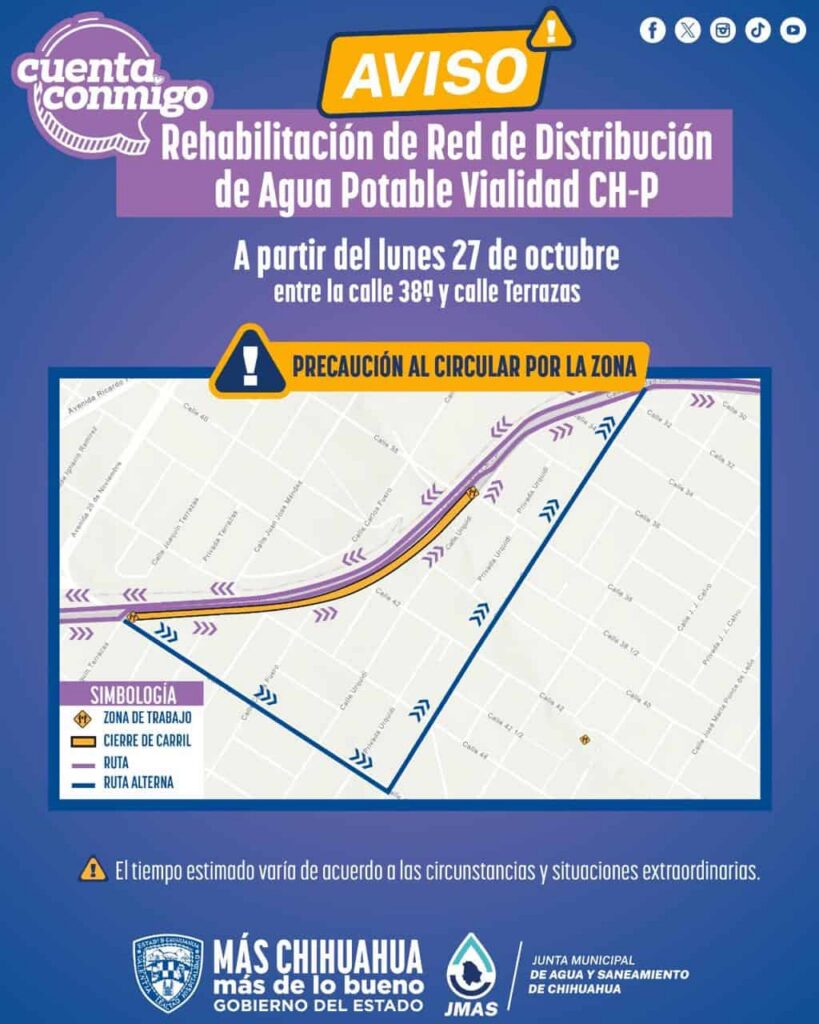 Realizará JMAS Chihuahua reposición de línea hidráulica en la vialidad Ch-P