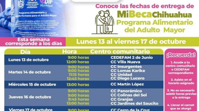 Informa DIF Municipal lugares para acudir por tu apoyo PAAM del 13 al 17 de octubre